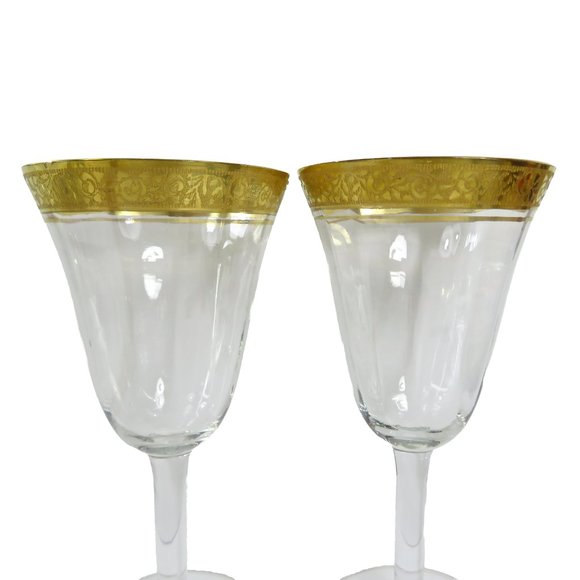 Vintage TWO (2) Tiffin? Minton? Gold Encrusted Band Clear Optic 6.75" Glasses - Picture 6 of 12